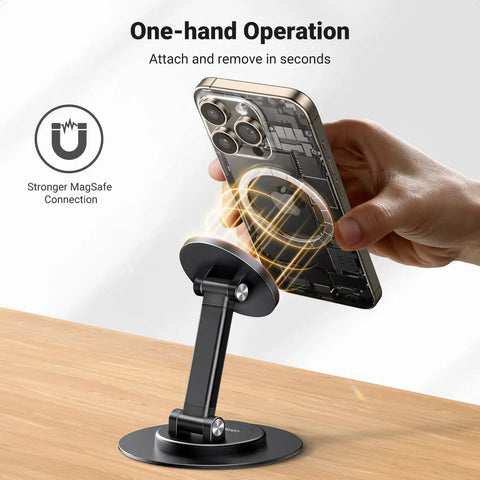 Magnetic MagSafe Phone Stand For Desk, height adjustable, 360 rotation, hands-free use, shown with iPhone attached on wooden table.
