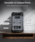 Front view of Ark3600 Go To Portable Power Station, 15 output ports labeled, on wooden surface