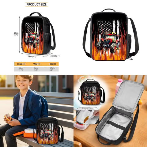 Kid Friendly Flame Red White Tractor Themed Backpack Set With Insulated Lunch Bag Water Bottle Holder And Pencil Case Durable Farm Style School Ready For Field Trips And Rural Gifts displayed on bench with child.