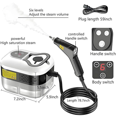 2500W Handheld High Temperature Pressurized Steam Cleaner With 4.5 Bar High Pressure Steam showing dimensions and controls