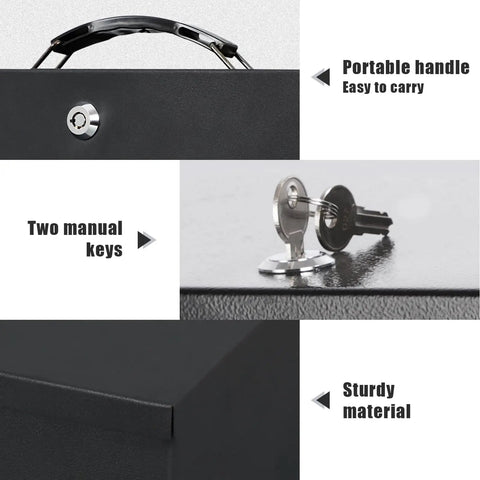 Fire Resistant Safe Box With Key Lock For Home And Office showcasing portable handle, two manual keys, and sturdy material.