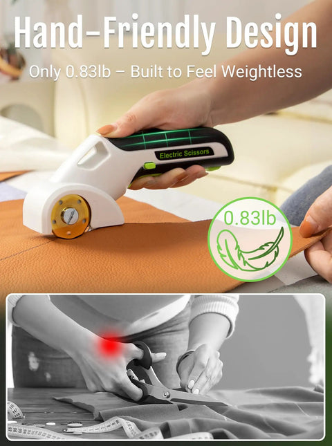 Cordless rotary cardboard cutter with titanium coated blade cutting brown material, featuring lightweight design and easy grip.