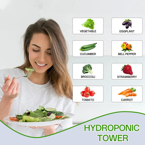 Woman eating salad with labels of vegetables grown in Dope 14 Layer Vertical Garden System Kit With 70 Slots, Indoor Outdoor Tower Garden.