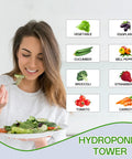 Woman enjoying salad with vegetables from Dope Vertical Garden Tower With Fourteen Growing Levels Seventy Slots A Twenty Liter Water Tank And Pump Smart Top To Bottom Watering And Nutrient Circulation For Indoor Or Outdoor Gardens Perfect For Balcony And Patio, shown with icons of vegetables like cucumber, carrot, and eggplant.