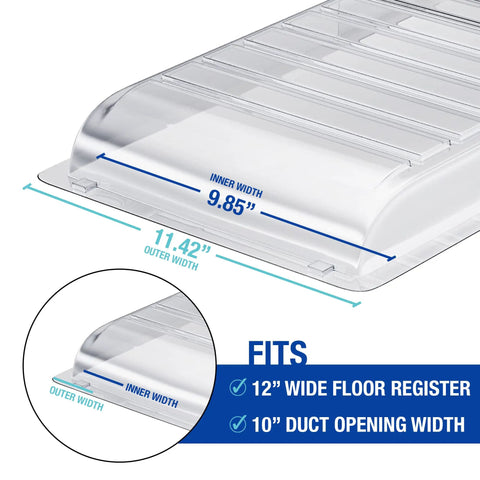 Air Vent Extender For Under Furniture With Secured Magnet Extends From 17 To 30 Inches Fits Floor Registers Up To 11 Inches Wide Redirects Cool Or Warm Air Into The Room Keeps Space Cozy With A Stronger Durable Plastic Design, showing dimensions and compatibility with floor registers.