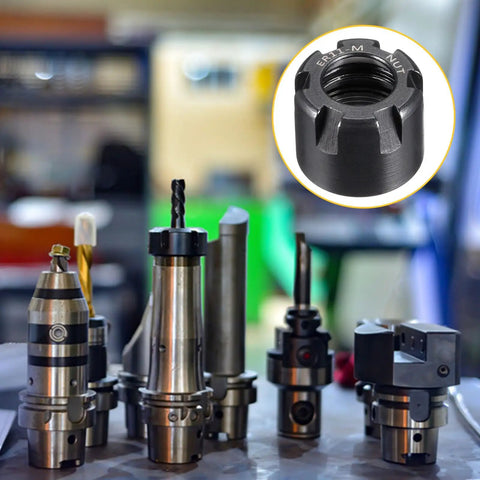 4 Piece ER11M Collet Clamping Nuts For CNC Milling Chuck Holder Lathe ER20M Type Cast Steel Replacement Set, displayed with tools