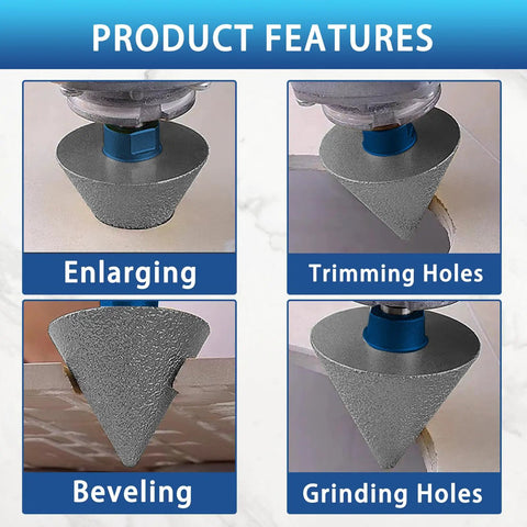 Diamond Drill Bit Set For Tile And Glass 9 Piece showing enlarging, trimming, beveling, and grinding features