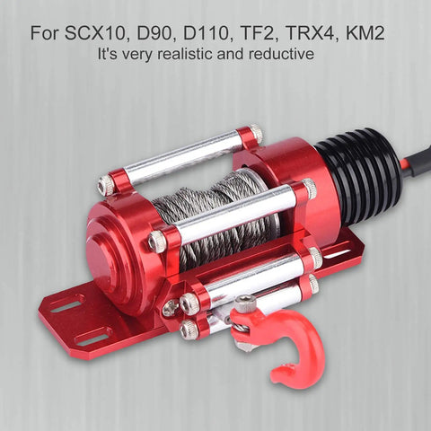 Solid Metal Electric Winch For 10 Scale RC Crawler D90 D110 TF2 KM2, showing red metal body and steel rope.