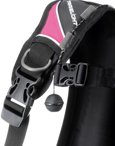 Travel-Ready Jacket-Style Scuba BCD With Ultra-Light Frame, Soft Backrest, close-up of black pink shoulder strap in XS
