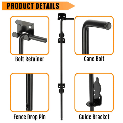 Tough As Nails 18 Inch Heavy Duty Cane Bolt Drop Rod Ground Latch components including bolt retainer, cane bolt, and guide bracket.