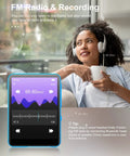 Woman enjoying music on headphones using 64GB 2.4 Inch Full Touch MP3 Player With Bluetooth 5.3 Dope Sound, shown in blue with FM radio displayed.