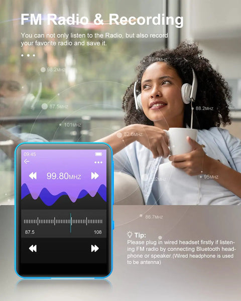 Woman enjoying music on headphones using 64GB 2.4 Inch Full Touch MP3 Player With Bluetooth 5.3 Dope Sound, shown in blue with FM radio displayed.