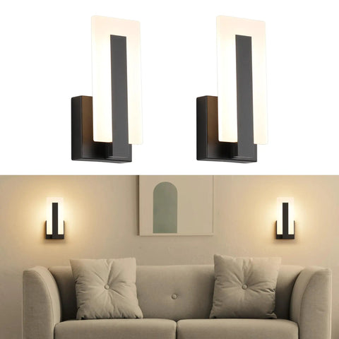 Top Shelf Modern Led Wall Sconces Set Of Two Up And Down Black Metal Fixture With 3000K Warm White Glow installed above a couch.