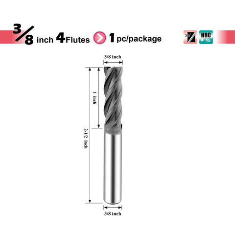 Carbide Square End Mill Four Flute One Piece Shank Three Eighth Inch For Milling Alloy Steels Hardened Steel Cast Iron With AlTiBN Coating