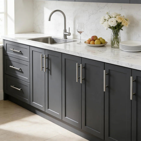 5 Pack Satin Nickel Cabinet Pulls 3-3/4 Inch Hole Centers 96mm on dark kitchen cabinets with marble countertop