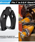 Universal Gland Nut Wrench for Hydraulic Cylinders next to wrench installed on equipment, fits 1 to 3.75 inch gland nut
