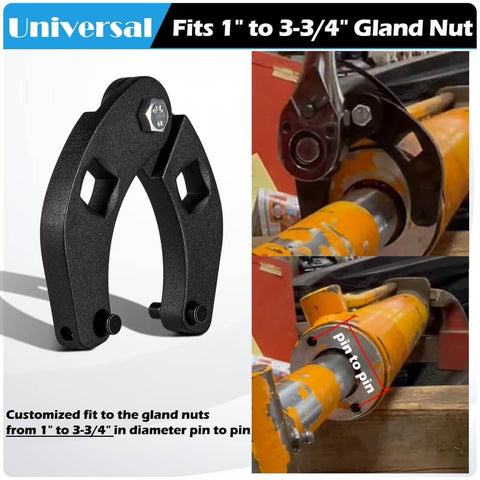 Universal Gland Nut Wrench for Hydraulic Cylinders next to wrench installed on equipment, fits 1 to 3.75 inch gland nut