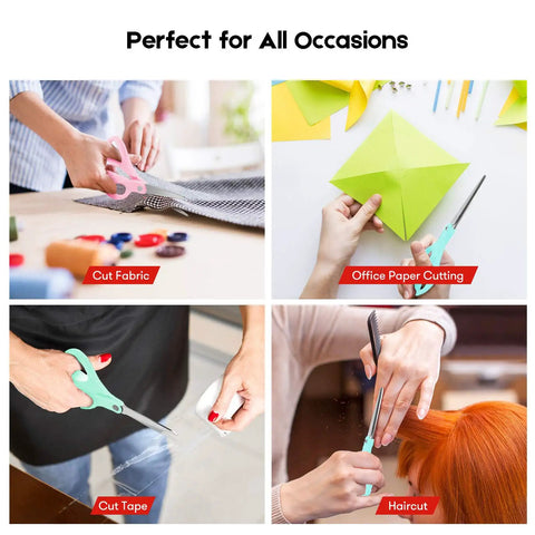 Three Pack 8 Inch All Purpose Scissors Heavy Duty Ergonomic Comfort Grip Workhorse For Office Home School Arts And Crafts Cutting Paper Cardboard Fabric Photos Projects in pink and blue cutting fabric, paper, tape, and hair