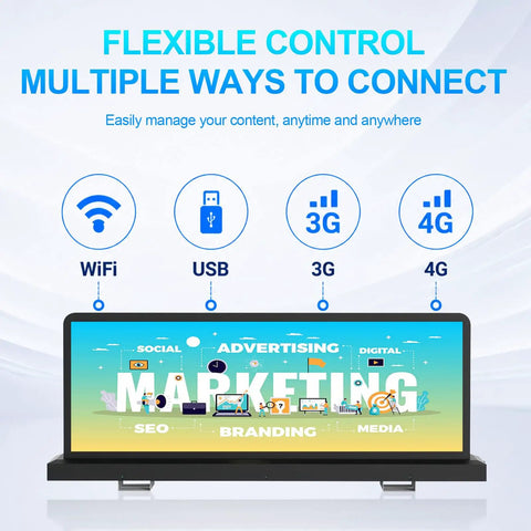 Smooth Rolling P2.5 Double Sided Taxi Roof Led Display With Dope Bright 4K Video Clarity And Sweet Contrast That Keeps Commuters Staring At Your Ads Right Now, showing connectivity options including WiFi, USB, 3G, and 4G.