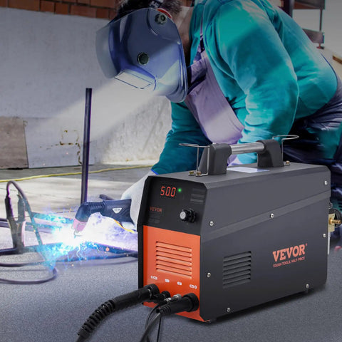 Pro Spec 50 Amp Plasma Cutter With Non-Touch Pilot Arc Torch, Dual Voltage 110V And 220V IGBT Inverter in use with sparks flying.
