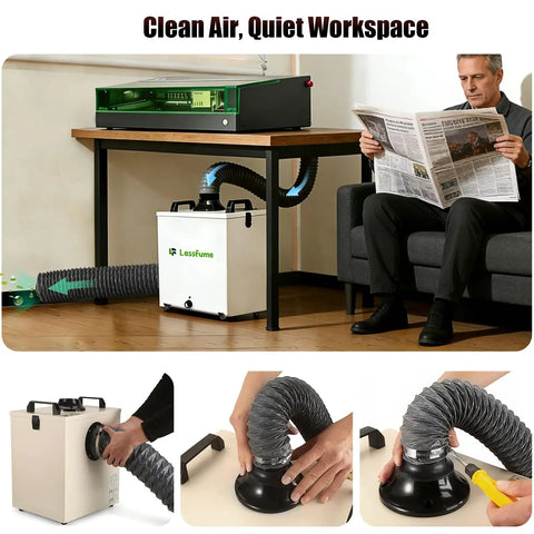 Heavy Duty LF106 Laser Fume Extractor for Engravers And Crafters beside table with man reading, duct connections shown