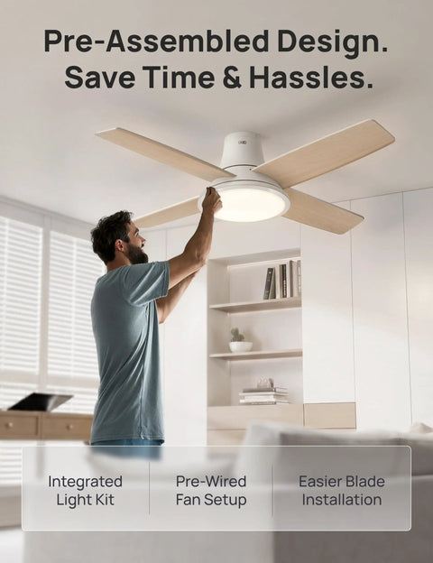 Man installing a 44 Inch Flush Mount Ceiling Fan With Bright Lights, Smart App And Remote Control, Slick Rgbic Mood Lighting.