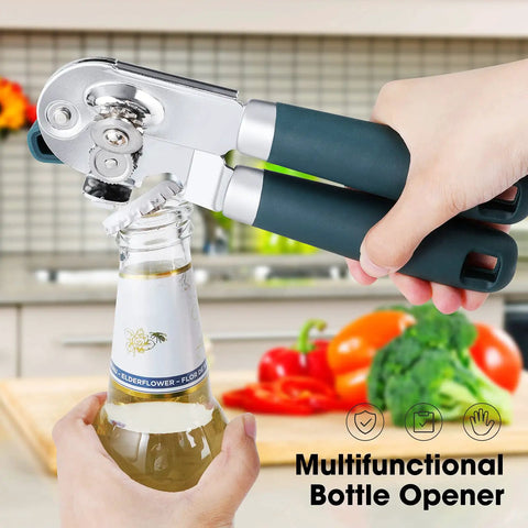 Using Heavy Duty Manual Can Opener with Magnetic Lid Opener and Carbon Steel Blade for Smooth Cutting to open bottle.