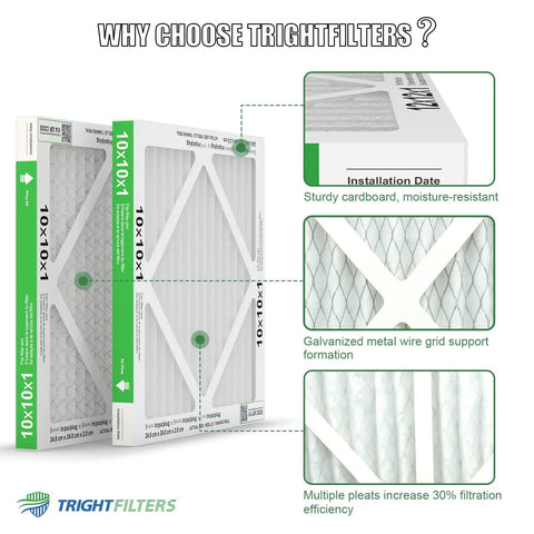 10x10x1 Air Filter 6 Pack, MERV 8 pleated design with high capture rate and low noise, shown with installation features and close-up details