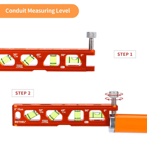 Conduit measuring level with detailed setup showing steps, orange Magnetic Torpedo Level With Four Vials For Quick Readings, V Groove Magnet Track