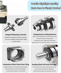 TOSEASTARS 10:1 planetary gearbox; front view shows output carrier, integrated locking device, gear ring, and shaft seal.