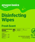 Green package of Disinfecting Wipes Fresh Scent, 85 wipes label with Do Not Flush warning and bacteria-killing claim.