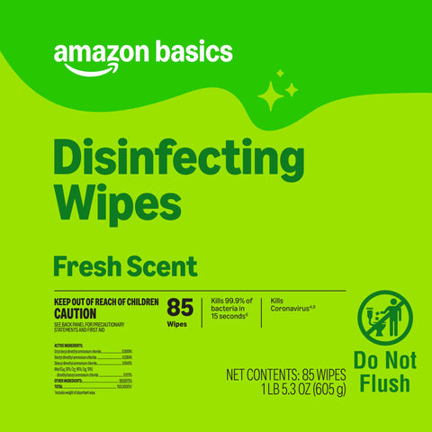 Green package of Disinfecting Wipes Fresh Scent, 85 wipes label with Do Not Flush warning and bacteria-killing claim.