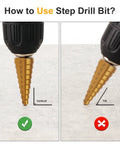 Step Drill Bit Set Three Piece HSS Titanium Coated High Speed Steel Bits with correct vertical and incorrect tilt usage.