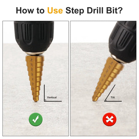 Step Drill Bit Set Three Piece HSS Titanium Coated High Speed Steel Bits with correct vertical and incorrect tilt usage.