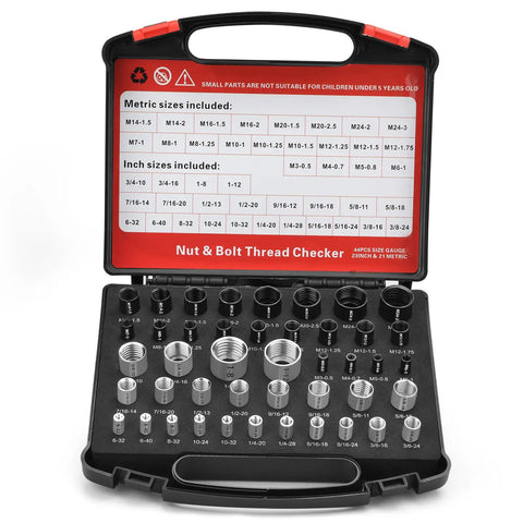 44 Piece Nut And Bolt Thread Gauge Set For Tight Spaces With Individual Thread Checkers In Standard And Metric Sizes open case view