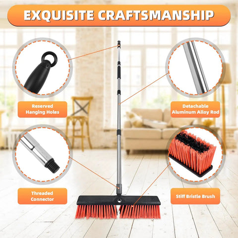 Beast Of A Heavy Duty Push Broom With 55 Inch Ergonomic Handle And 18 Inch Wide Head, Stiff Bristles, shown with features labeled