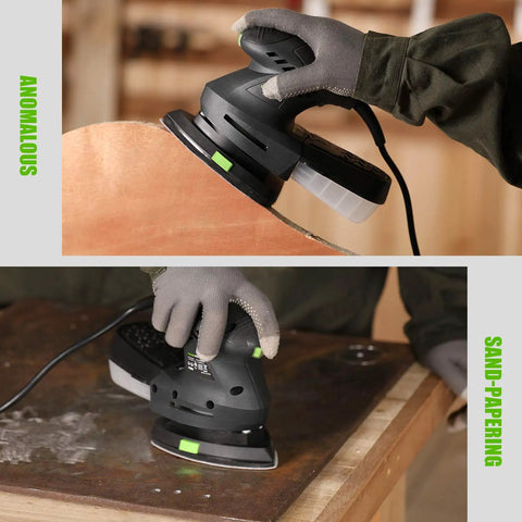 Pro Grade Electric Detail Sander With 12,000 OPM, 1.6 Amp Motor in use on wood and metal surfaces with compact design
