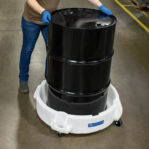Drum Dolly For 5 To 55 Gallon Drums Poly Spill Pallet With 11 Gallon Sump 500 Lb Load Capacity Free Rolling Casters Optional Handle UV Resistant Poly Construction For Indoor And Outdoor Use