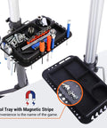 Tool tray with magnetic stripe on Foldable Bike Repair Stand With Height Adjustable Arm, Beefy Yet Portable Home Maintenance Rack