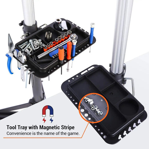 Tool tray with magnetic stripe on Foldable Bike Repair Stand With Height Adjustable Arm, Beefy Yet Portable Home Maintenance Rack