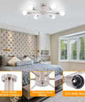 Six Light Nickel Sputnik Ceiling Chandelier With Mid Century Style in a modern bedroom setting, showcasing semi flush mount.