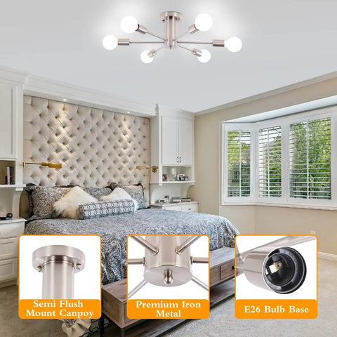 Six Light Nickel Sputnik Ceiling Chandelier With Mid Century Style in a modern bedroom setting, showcasing semi flush mount.