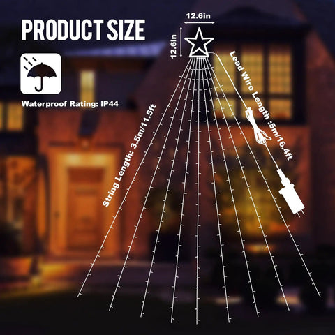 Illustration of Outdoor Christmas Star Lights 11.5 Foot String with 317 LEDs, showing dimensions and waterproof rating.