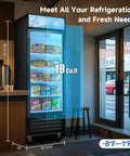 Built Tough 16 Cu Ft Commercial Upright Display Freezer Merchandiser With Glass Doors showing 18 Cu.ft capacity and adjustable shelves.