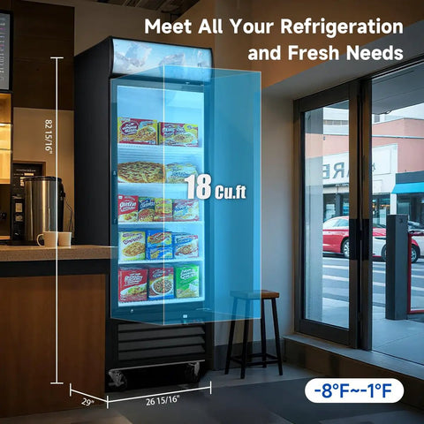 Built Tough 16 Cu Ft Commercial Upright Display Freezer Merchandiser With Glass Doors showing 18 Cu.ft capacity and adjustable shelves.
