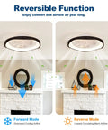 Monikessy Modern Black Ceiling Fan with Lights 20" Low Profile Ceiling Fan showing reversible airflow modes for cooling and warming.