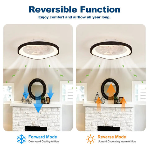 Monikessy Modern Black Ceiling Fan with Lights 20" Low Profile Ceiling Fan showing reversible airflow modes for cooling and warming.