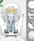 Elongated Toilet Seat for Bathroom with elephant design, 14.5" x 18.5", features quick-release and stainless steel hinge.