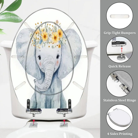 Elongated Toilet Seat for Bathroom with elephant design, 14.5" x 18.5", features quick-release and stainless steel hinge.