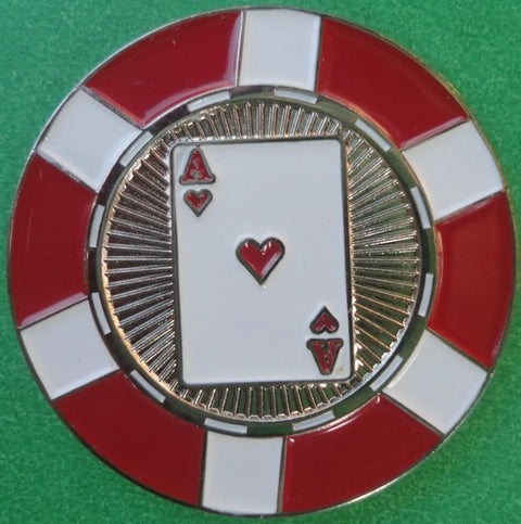 Poker Chip Metal Golf Ball Marker For Putting Green Alignment And Visual Line Funny Golf Marker For Men And Women High Quality Alignment Tool Game Improving Gift For Golfers showing red and white Ace design